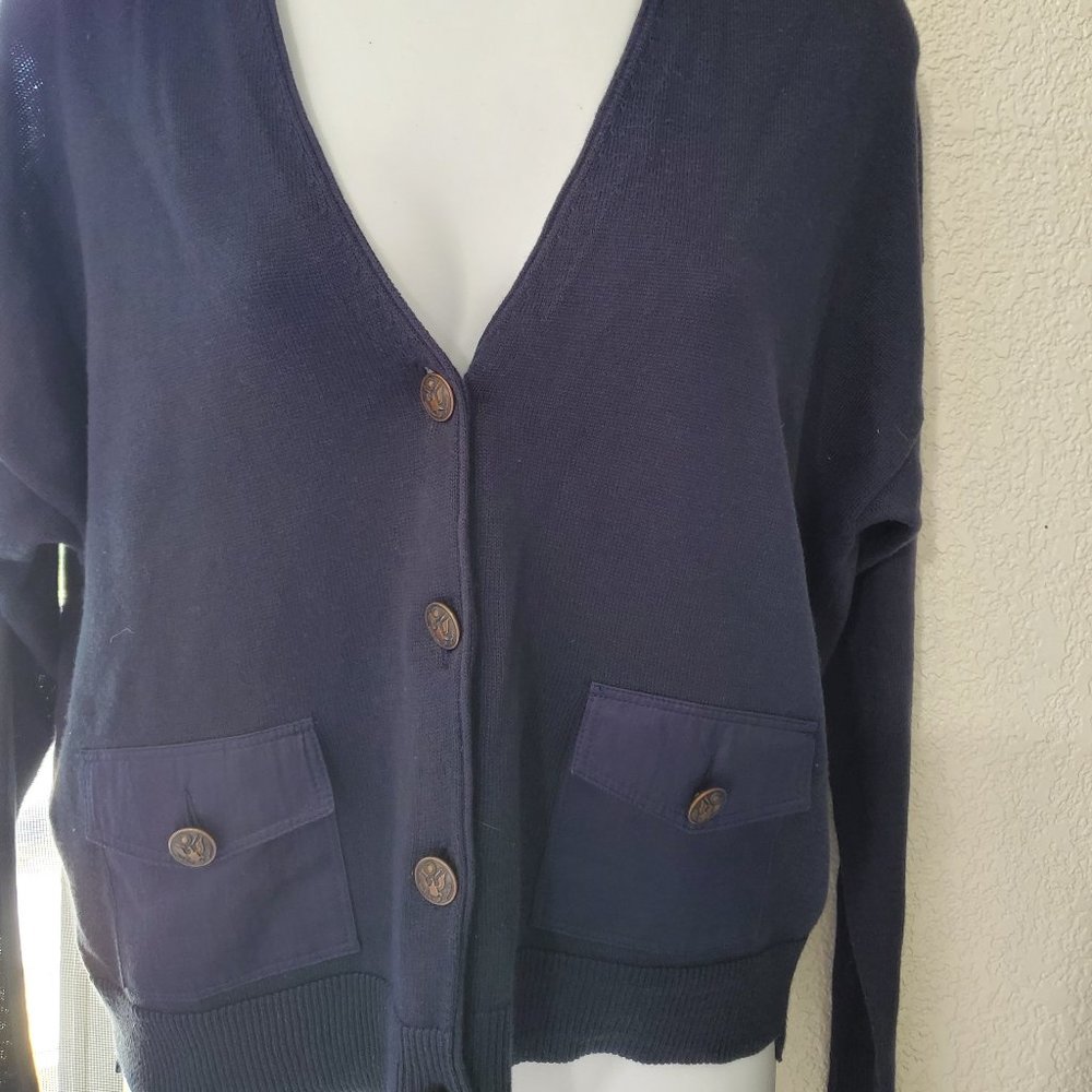 Women's Navy Blue Vintage Fossil Cardigan Button Down with Front Pockets Size XS